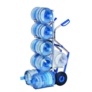 Diable en aluminium parfait pour le transport de bidons dâeau, jantes en acier et roulement Ã  billes. Plateaux pliables en aluminium pour transporter des bouteilles dâeau (7 bidons). Peut transporter des bidons et des paquets en mÃªme temps. Protections monte-escaliers incluses.