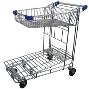 Chariot emboÃ®table structure zinc, rÃ©sistant Ã  des charges jusquâÃ  380 kg + 20 kg au panier. Ergonomique, plate-forme surÃ©levÃ©e pour permettre le chargement et dÃ©chargement de charges. Quatre roues pivotantes en caoutchouc. Panier inclinable.